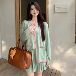 Green Elegant Two-piece Skirt Sets Women V-neck Long Sleeves Knitted Cardigan + Mini Pleated Skirt Autumn Y2K Korean Chic Suit