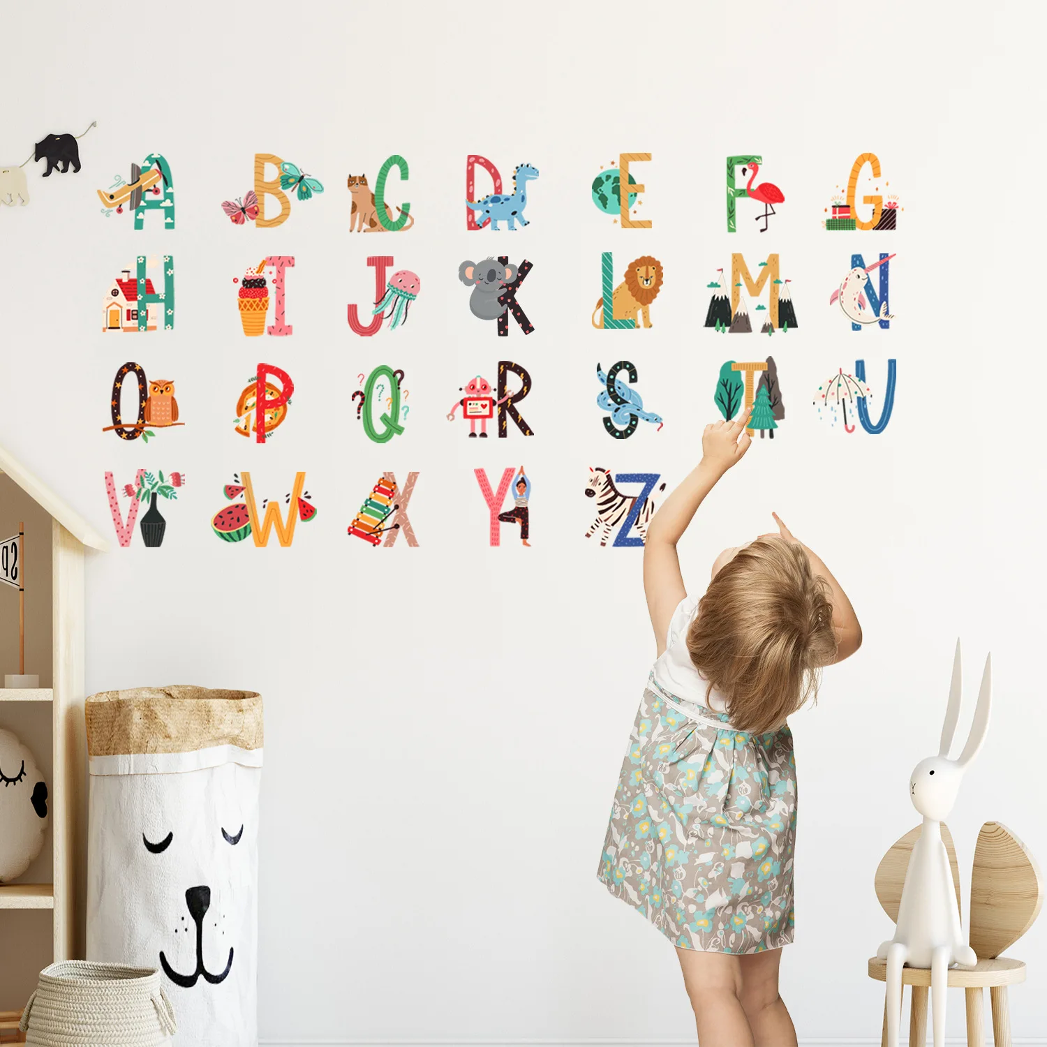 Cute Cartoon Animals 26 Letters Wall Stickers Alphabet Kids Toddler Decors Decals Early Learning ABC Self-adhesive Art Mural