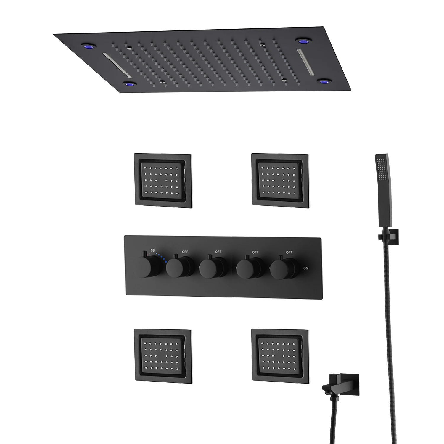 Imagem -03 - Fosco Led Chuveiro Cabeça Painel Chuva Cachoeira Sistema de Chuveiro Conjunto Lateral Jet com Válvula Misturadora Termostática Desviador Preto