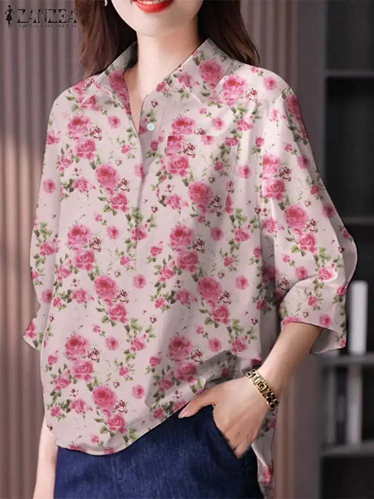 ZANZEA 2024 Women Summer Shirt Lapel Neck 3/4 Sleeve Blouse Elegant Floral Printed Tops Casual Bohemian Party Work Blusas Mujer