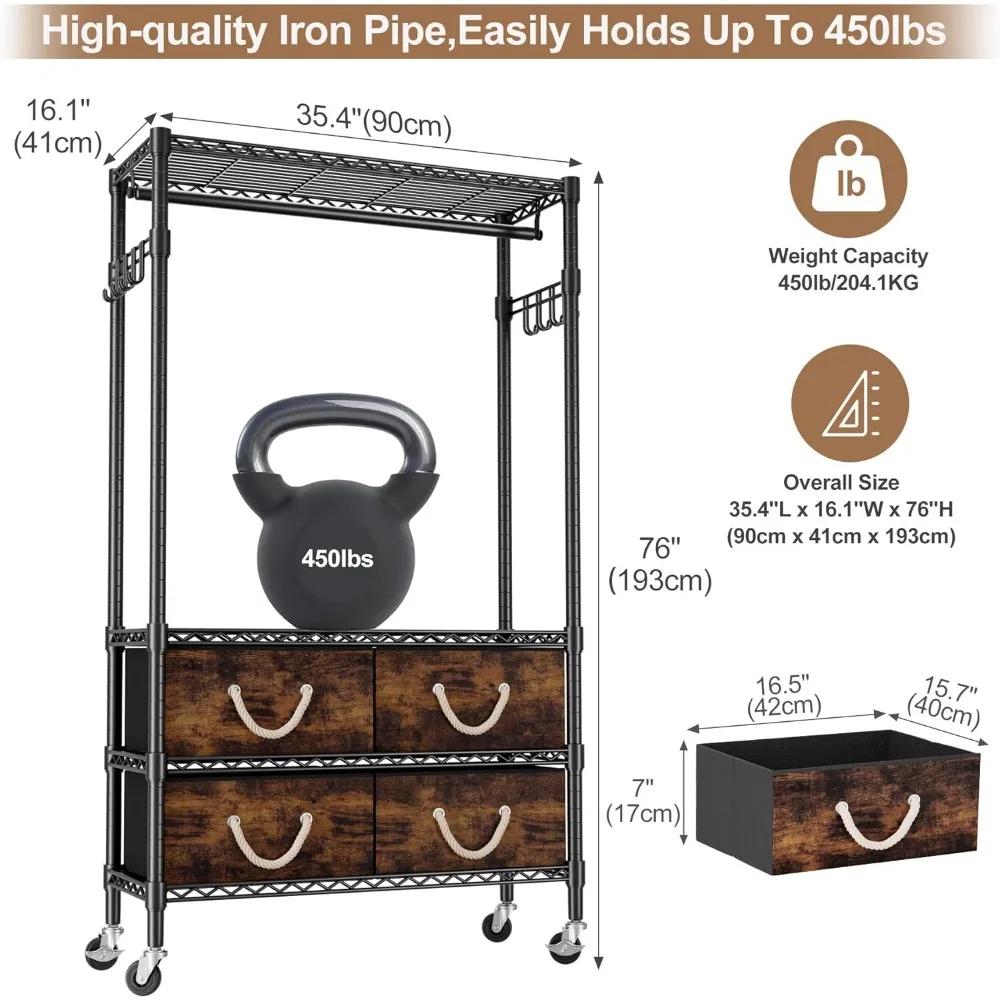 Porte-vêtements robustes pour suspendre des vêtements, porte-vêtements avec 4 tiroirs en tissu réglables, armoire en tissu