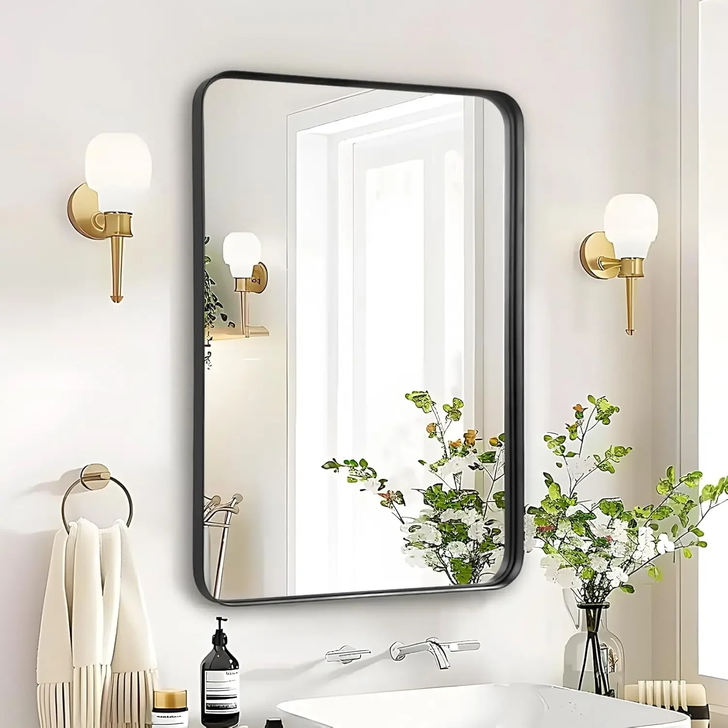 

24x36 Black Rectangle Bathroom Mirror, Matte Aluminum Frame Wall Mounted