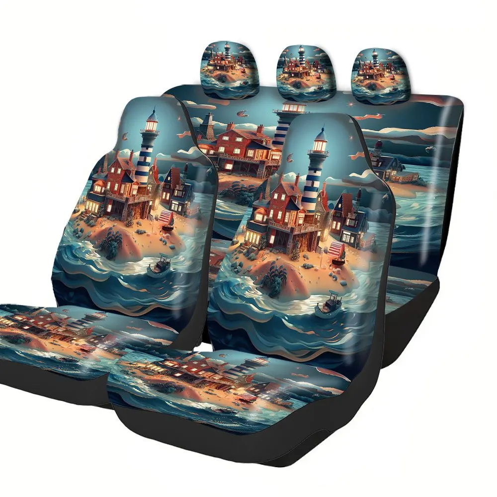 Trendy Print Car Seat Covers Full Set Fit Festive Versatile Premium Material Comfortable Breathable Island Lighthouse Houses Ca