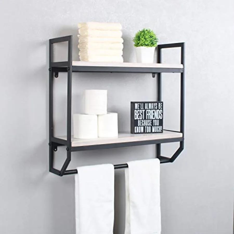 

Bathroom wall-mounted 2-tier metal industrial shelves rustic white finish for towel storage and utility use over toilet with in