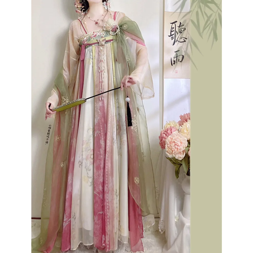 

Женский костюм для косплея в стиле династии Тан: вышитая юбка до груди с застежкой спереди, вышитый шаль, костюм феи на Хэллоуин