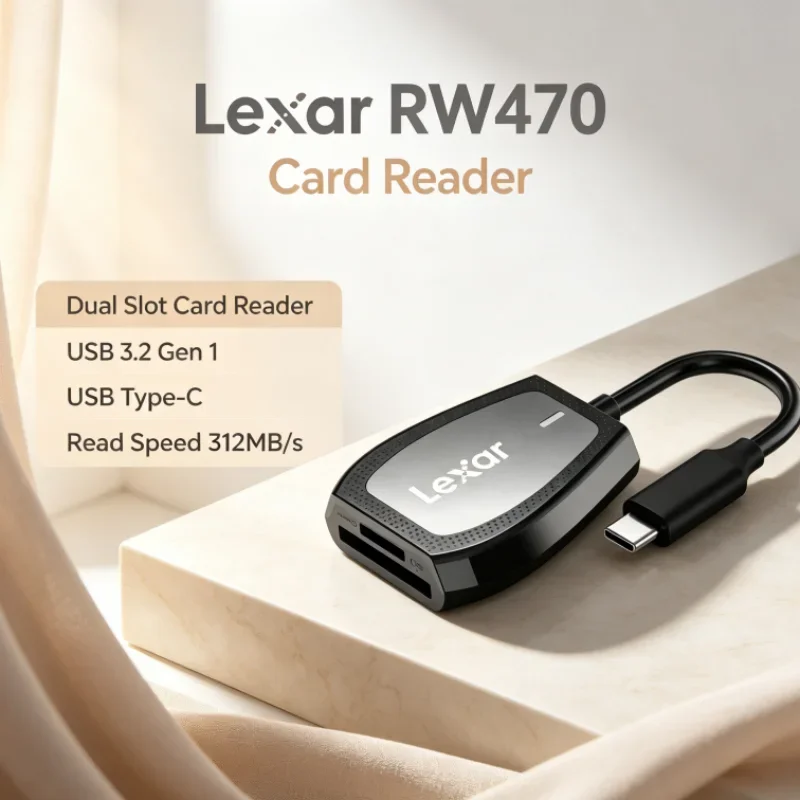 Lexar RW470 Card Reader 2-in-1 Dual Slot Type-C USB 3.2 Gen1 SD microSD UHS-II 312MB/s Transfer for Data Transfer