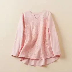 2024 Hot Sale Women Cotton Linen Blouse V Neck Embroidery Lace Tops Long Sleeve Loose White Elegant Shirt Plus Size Casual