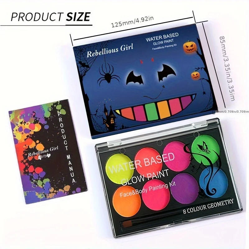 8 Color Face Paint with Sticker Luminiscent Face Body Painting UV Glow Fluorescent Glowing Halloween Party Fancy Dress Beauty