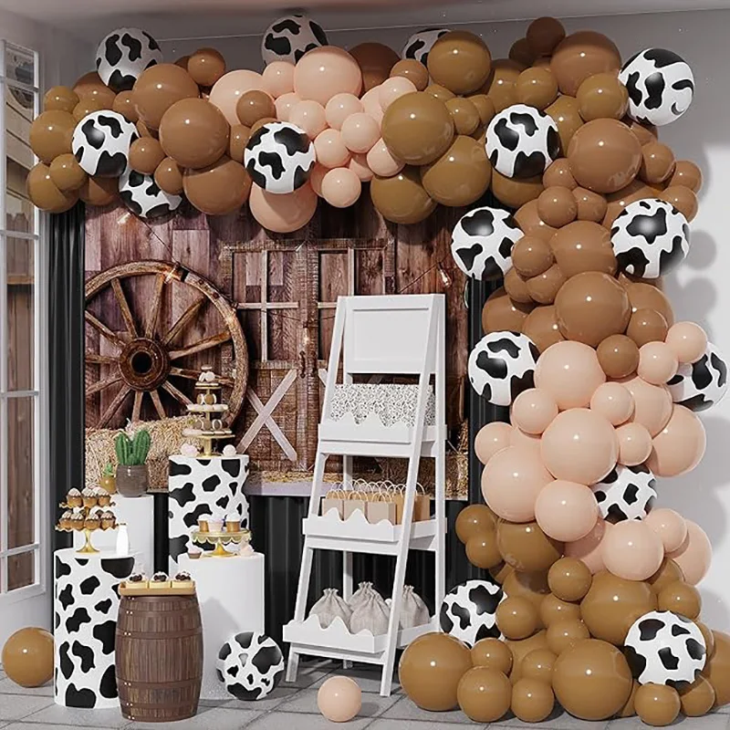 

147pcs Farm Party Balloon Garland Retro Apricot Cow Print Latex Balloon Arch Set Baby Shower Cow Theme Birthday Balloon Decor