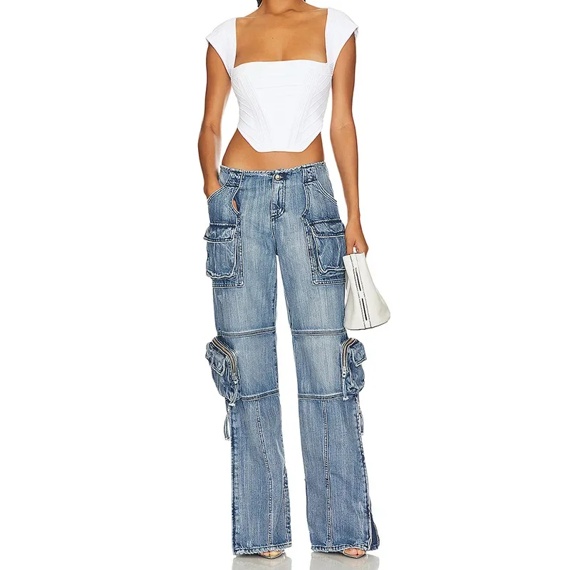 American Street Style High-end Casual Jeans 2024 New Summer Mid-waist Long Straight Overalls for Women Jeans Women