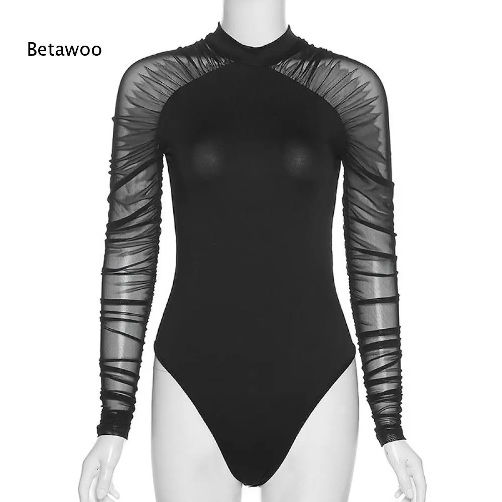 Gothic Solid Black Mesh Splice Bodysuit High Neck Ruched Sheer Long Sleeve Slim Fit Basic Layering Top