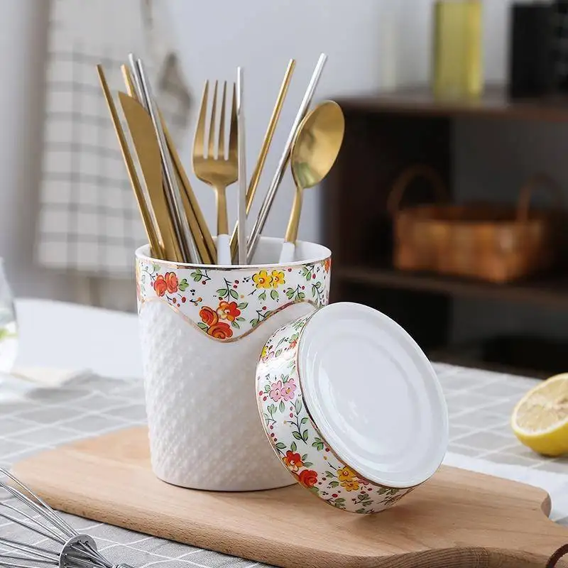 European Style Relieve Ceramic Chopsticks Holder Single Tube Large Draining Chopsticks Cage for Restaurant Hotel Home Use