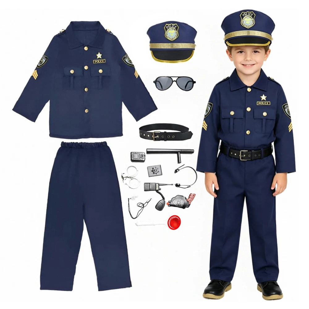 Kids Police Cosplay Costume Uniform Set Tops Pants Hat Belt Handcuffs Accessories Boys Halloween Party Cosplay Role Play Outfit