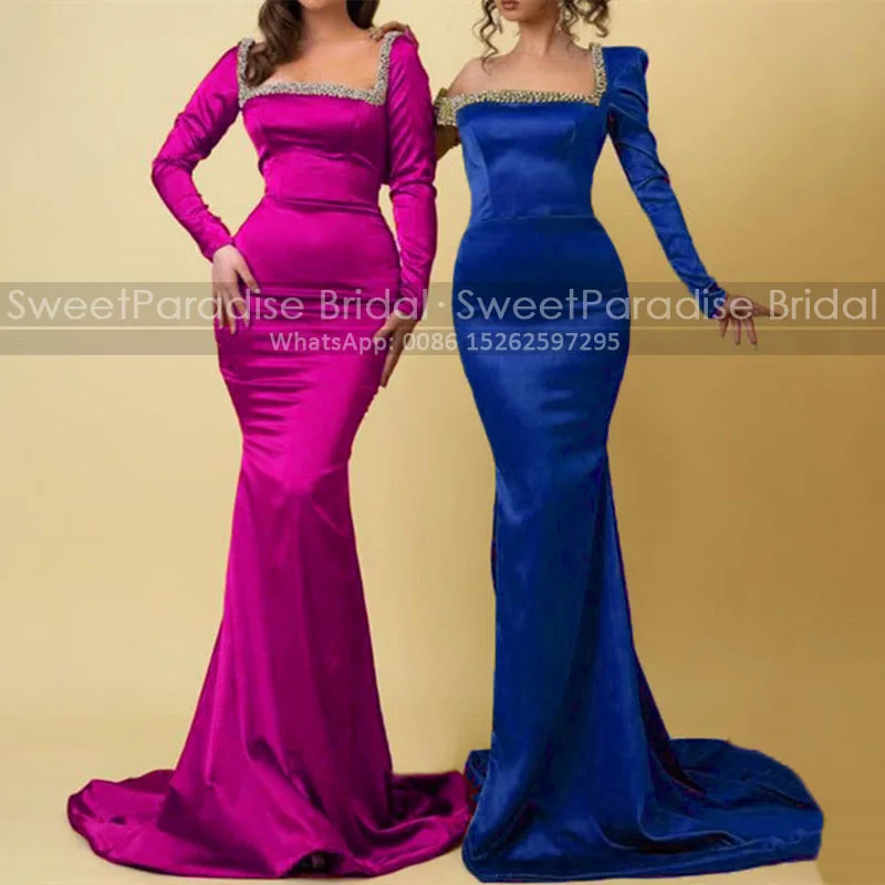 

Customized Mermaid Bridesmaid Dresses With Beaded Square Neck Long Sleeves Trumpet Wedding Party Dress For Women Sweep Train