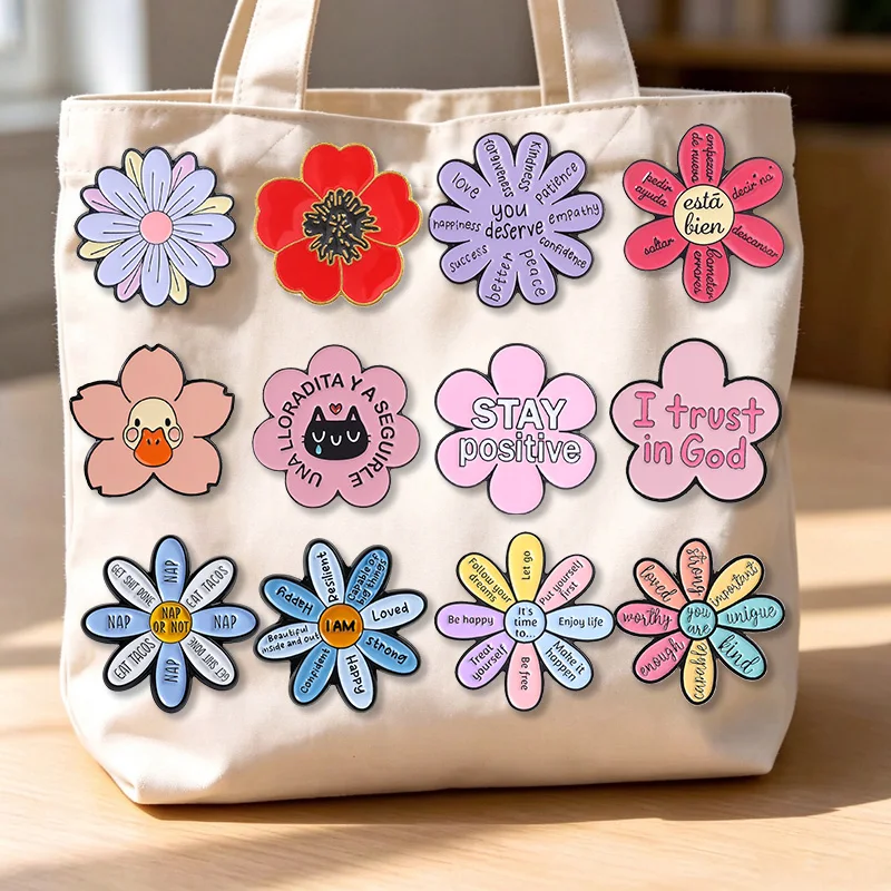 Positive Quote Flower Enamel Badge Set Daisy Floral Inspirational Saying Pin Motivational Brooch Aesthetic Jewelry Gift