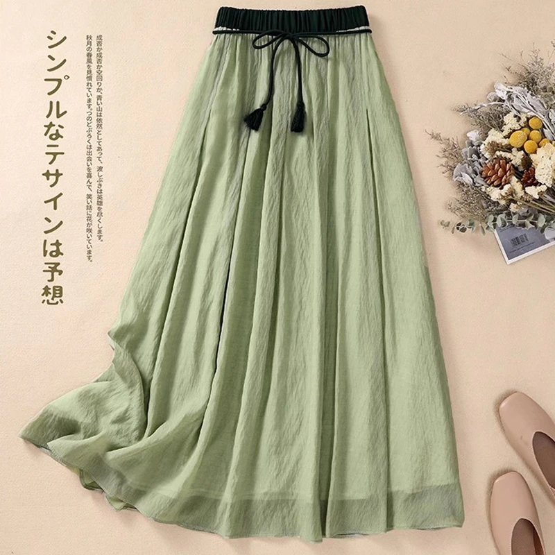 กระโปรงยาวผ้าฝ้ายและผ้าลินินวินเทจของผู้หญิงกระโปรงทรงหลวมเอวสูงแบบลำลองเย็บปะต่อกันกระโปรงแกว่งขนาดใหญ่