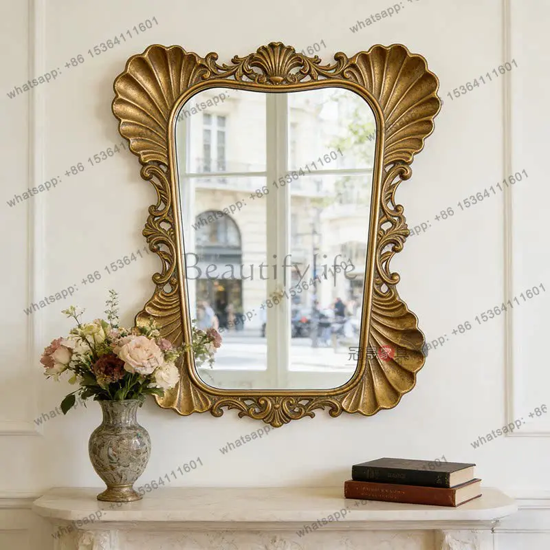 

European retro entrance fireplace decorative mirror carved classical special-shaped vanity mirror