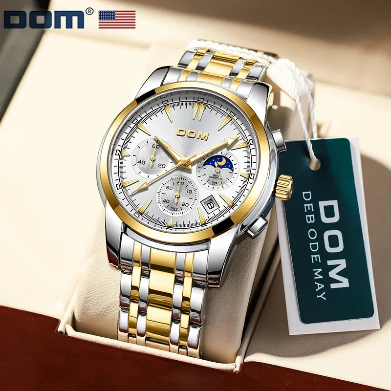 Dom 7508นาฬิกาควอทซ์ผู้ชายนาฬิกาเป็นทางการสุดหรูสีเงินกันน้ำนาฬิกาข้อมือสำหรับผู้ชายลายดวงดาวบนท้องฟ้า