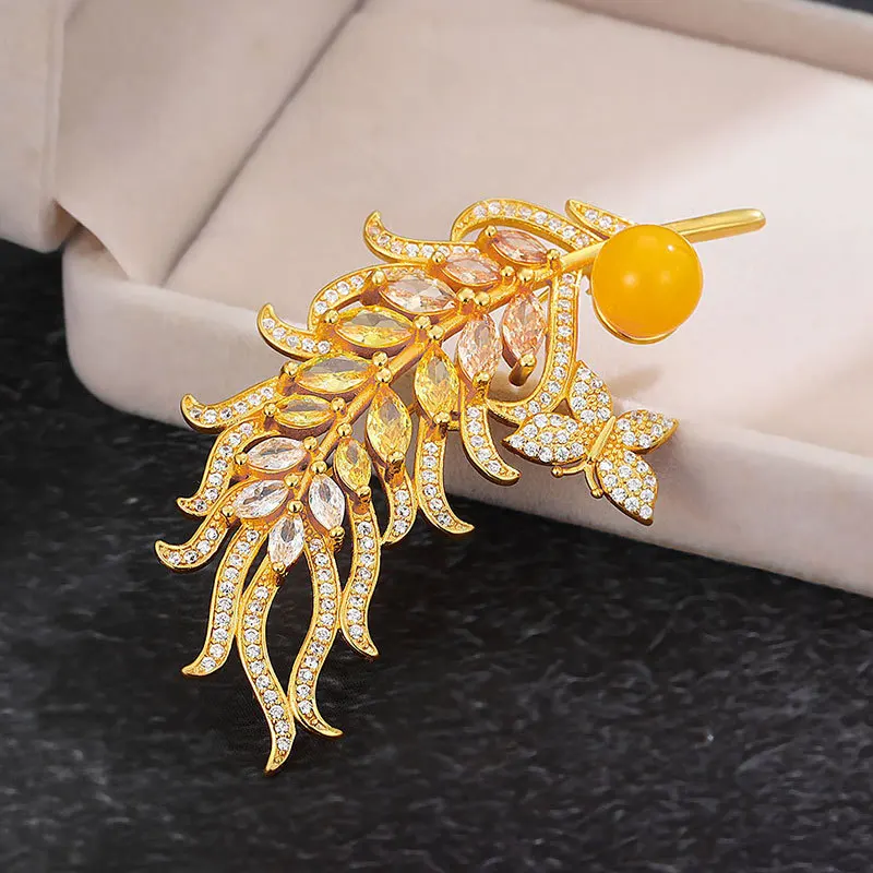 luxury brooch yellow crystal wheat ear brooches for women exquisite yellow beeswax Feather broche cheongsam Hanfu accessory gift