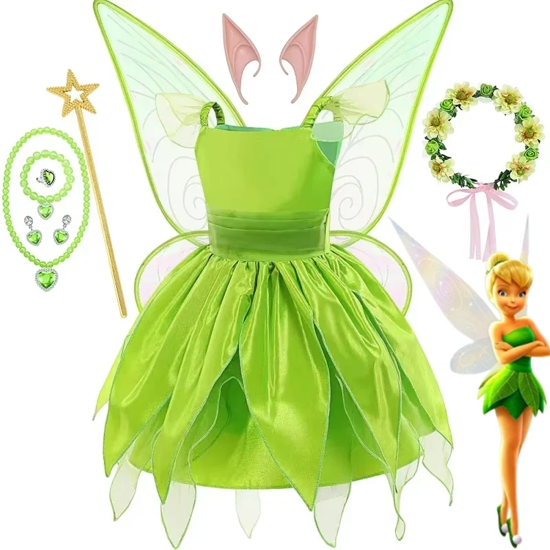 Robes de soirée Disney pour filles, Costume féerique Tiana pour filles, fée clochette, vêtements pour enfants, princesse elfe, robe de bal d'anniversaire, robe à ailes