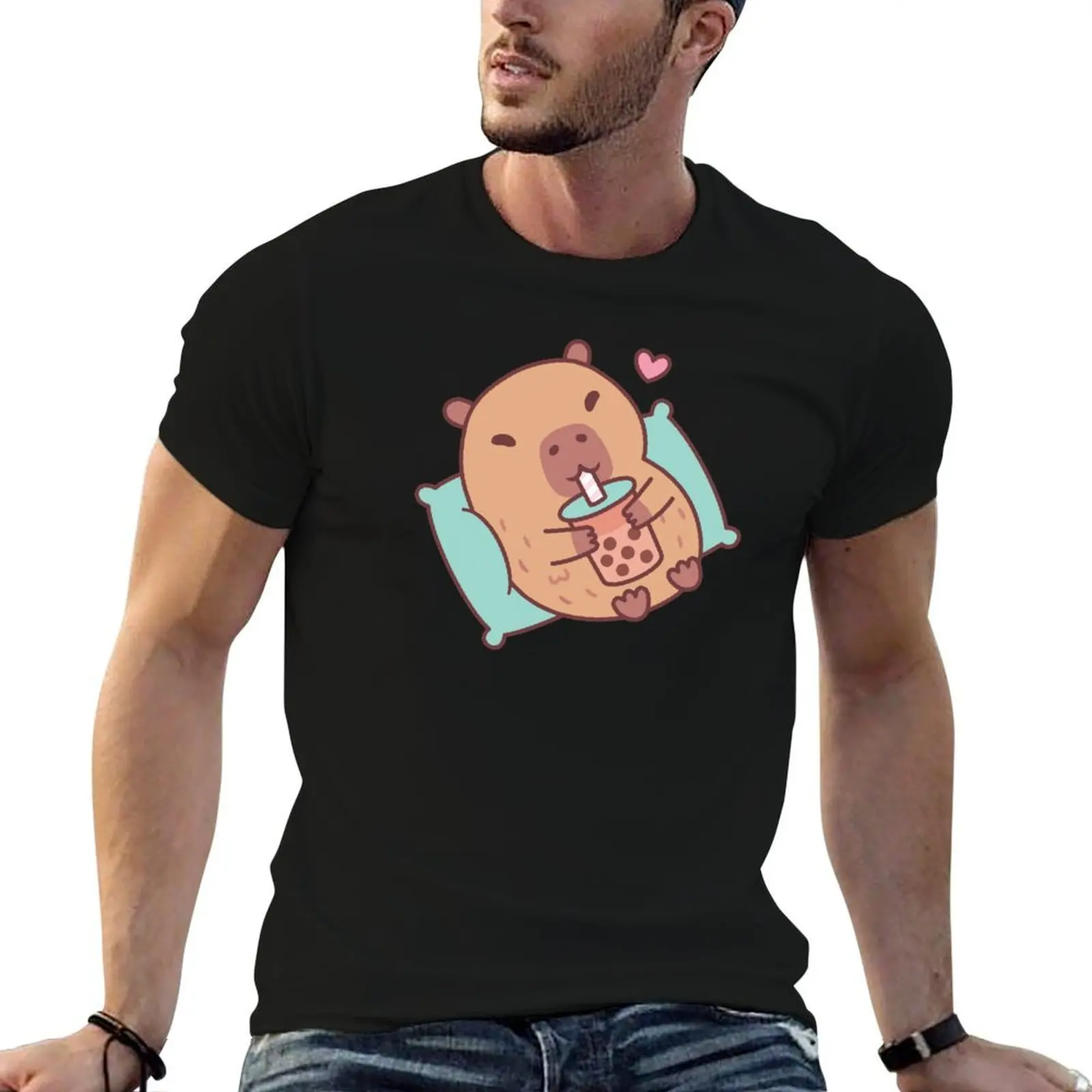 Cute Capybara Chilling And Drinking Bubble Tea T-Shirt blanks designer shirts big and tall t shirts for men