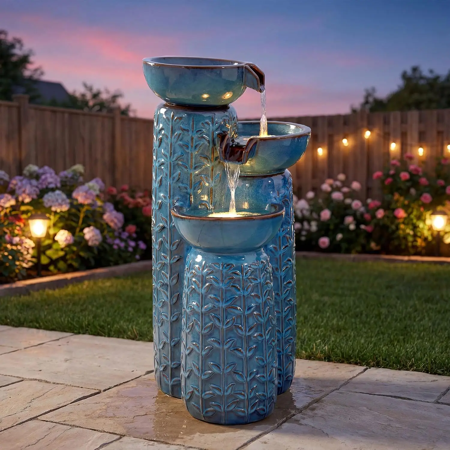 Ceramic Leaf Texture Turquoise Fountain With LED Lights Cascading Bowls For Garden Patio Yard Porch