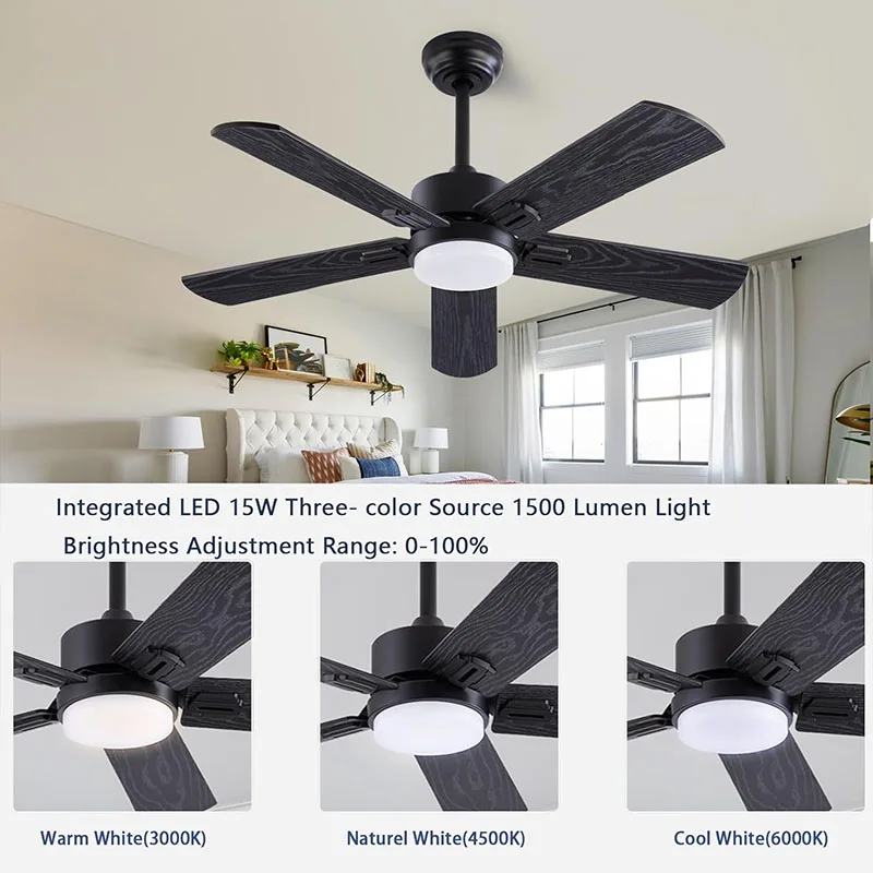 42 52 Inch Fan Light 5-Leaf Composite Wood Electric Fan Light with Variable Frequency Remote Control LED Ceiling Fan Light