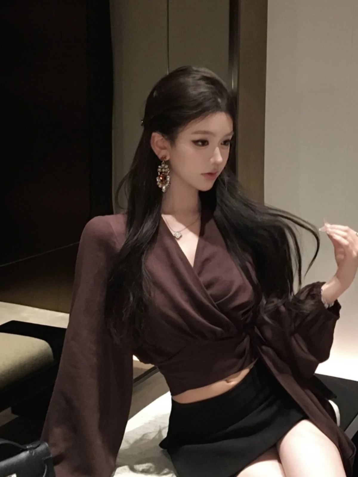 여성용 허리 조임 벨트 디자인 슬리브 탑 출퇴근용 순색 폴리에스터 섬유