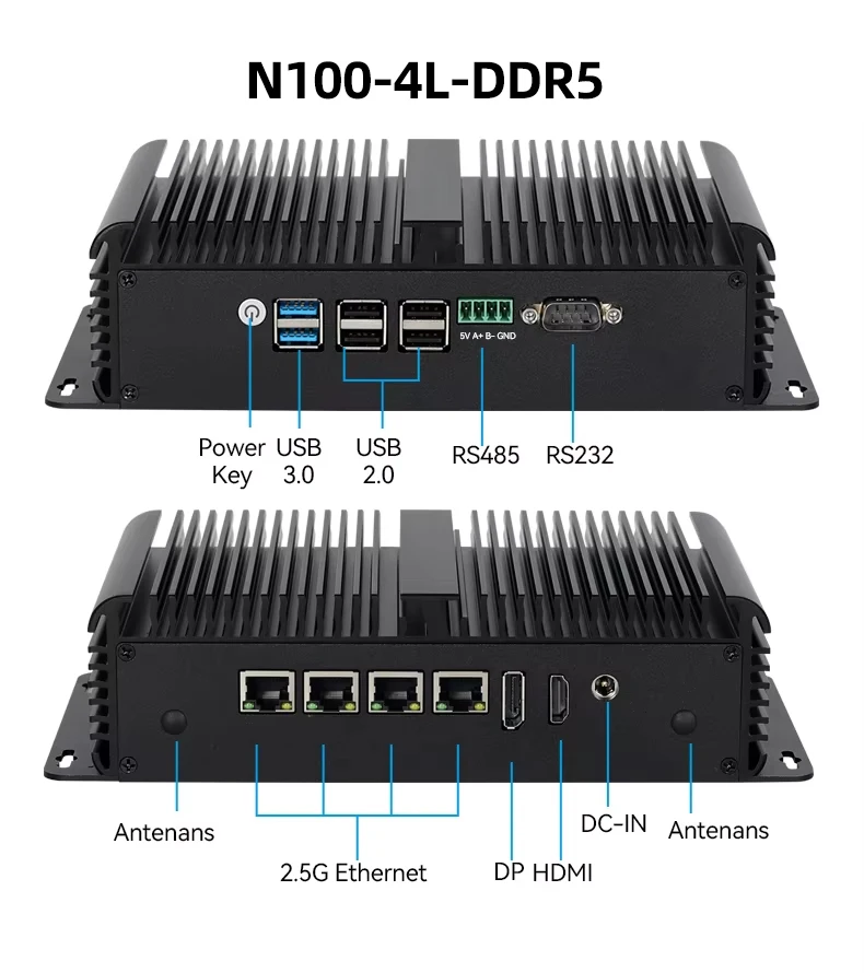 Fanless Industrial Mini PC Intel N100 Processor 4x 2.5G Ethernet Mini-PCIE Expansion WiFi 4G SIM Support Windows Linux Openwrt