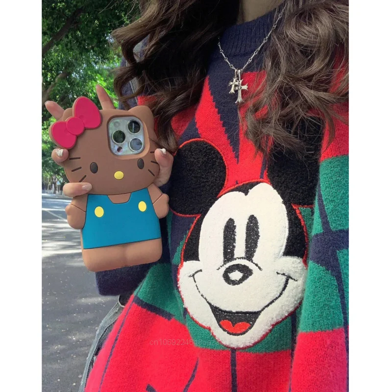 Disney Mickey Y2k Academy Style Sweet Sweater Female Autumn Winter Cartoon Letter Jacquard Knit Tops Women Round Neck Sweatshirt