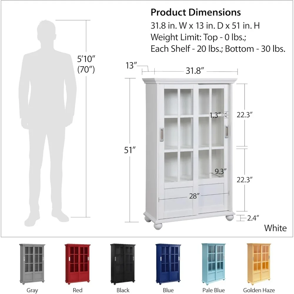 Bookcase with Sliding Glass Doors, Made of Painted MDF and Solid Wood Feet, Up To 20 Lbs, Living Room or Home Office Bookshelf