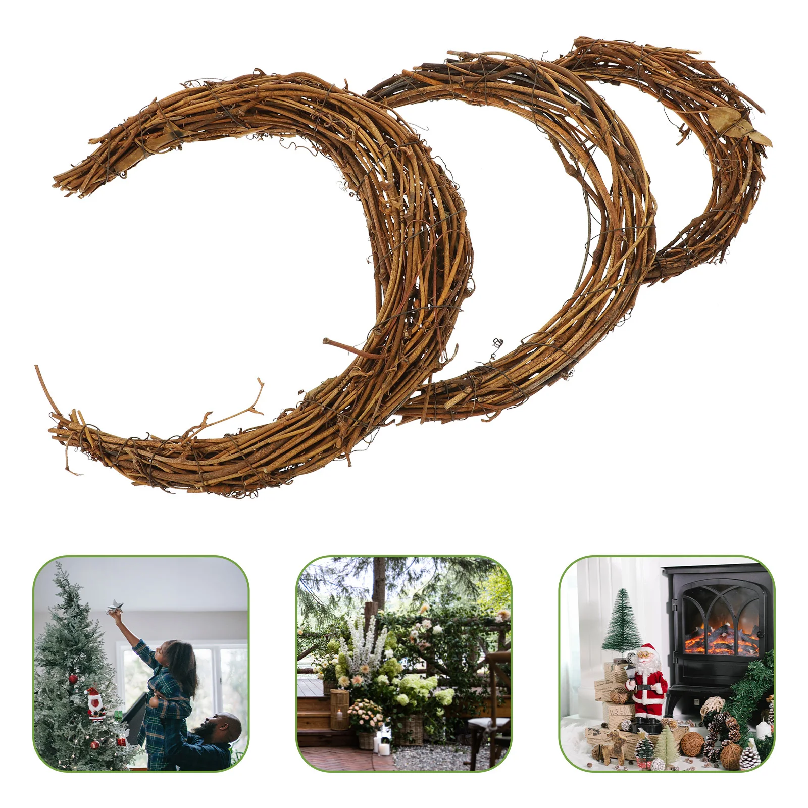 

3Pcs Moon Shape Rattan Wreath DIY Rings for Handmade Decoration Front Door Wall Christmas Holiday Party Use DIY Wreath Rattan