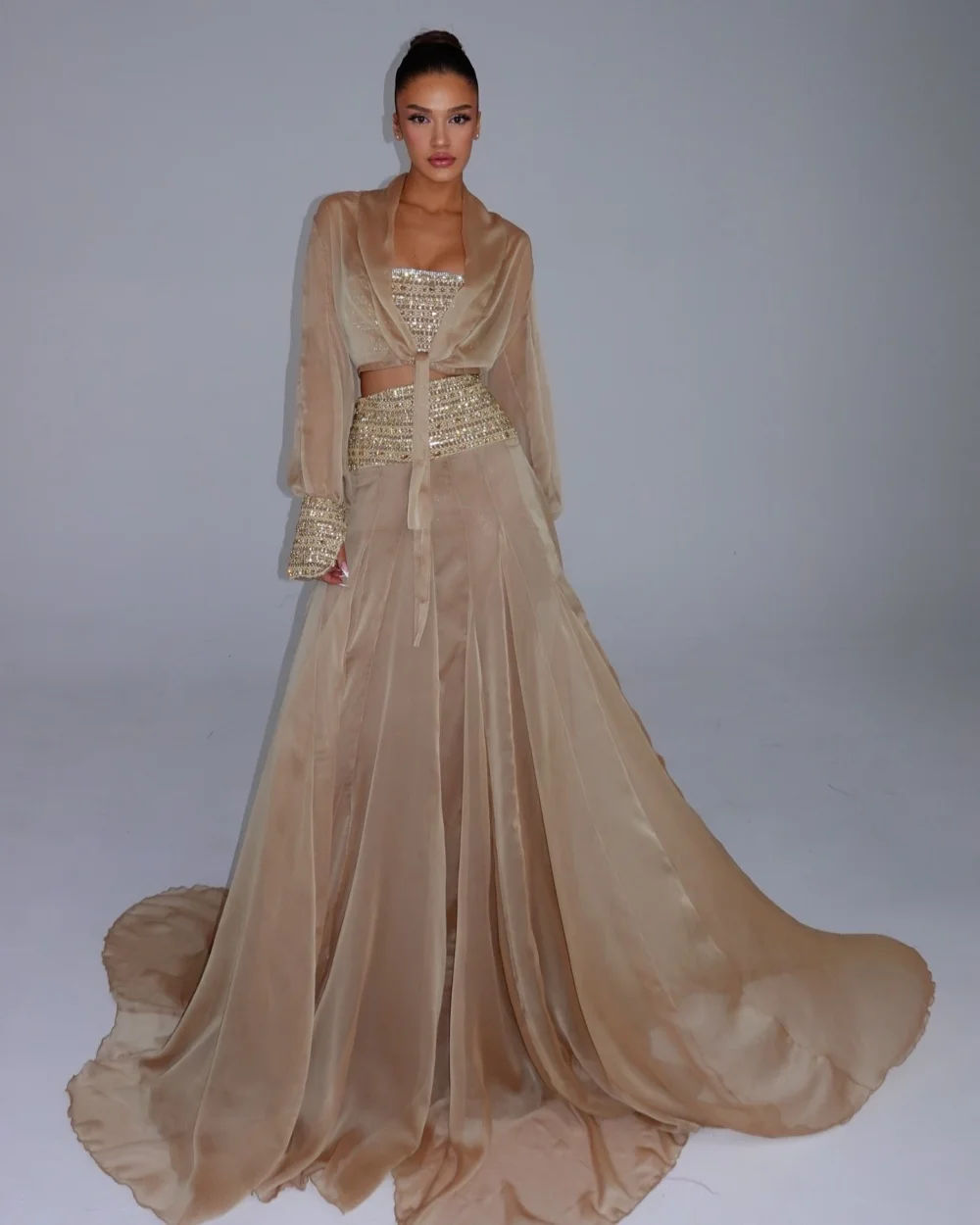 

Customized High Quality Women Rhinestone Ruched A-Line Evening Dresses Elegant Strapless Long Sleeves Floor Lenght Prom Dresses