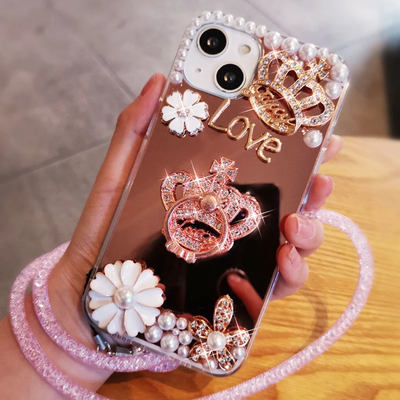 Glitter Pearl Crown Luxury Case For Samsug Galaxy S24 Ultra S23 FE S22 S21 S20 Plus A35 A55 A12 A13 A14 A15 A34 A54 Cover