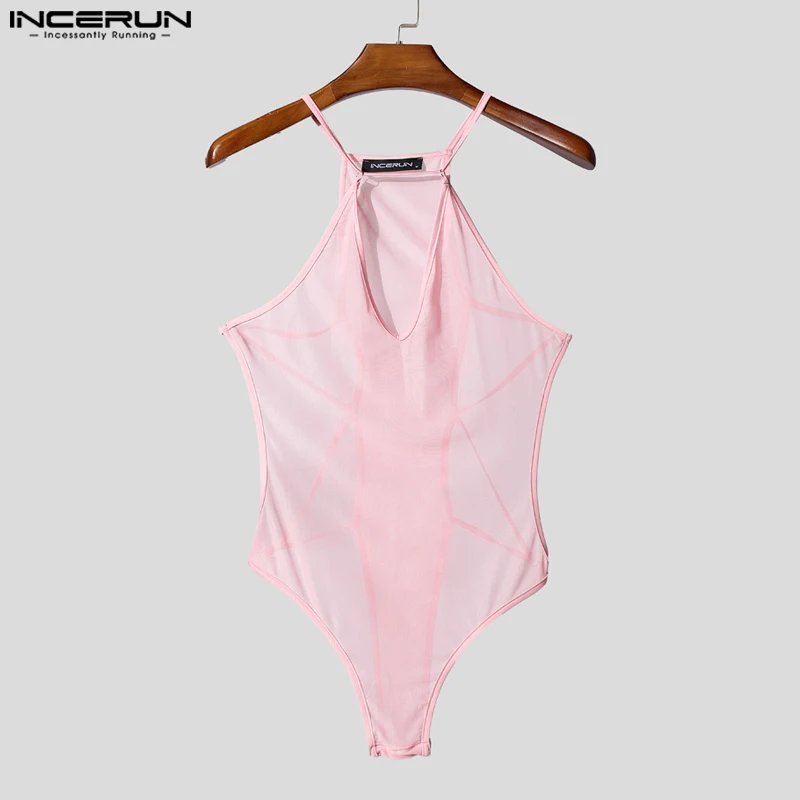 INCERUN Bodysuit Pria Jaring Transparan Tanpa Lengan Seksi Romper Playsuit 2025 Kerah V Fashion Warna Solid Bodysuit Pria S-5XL