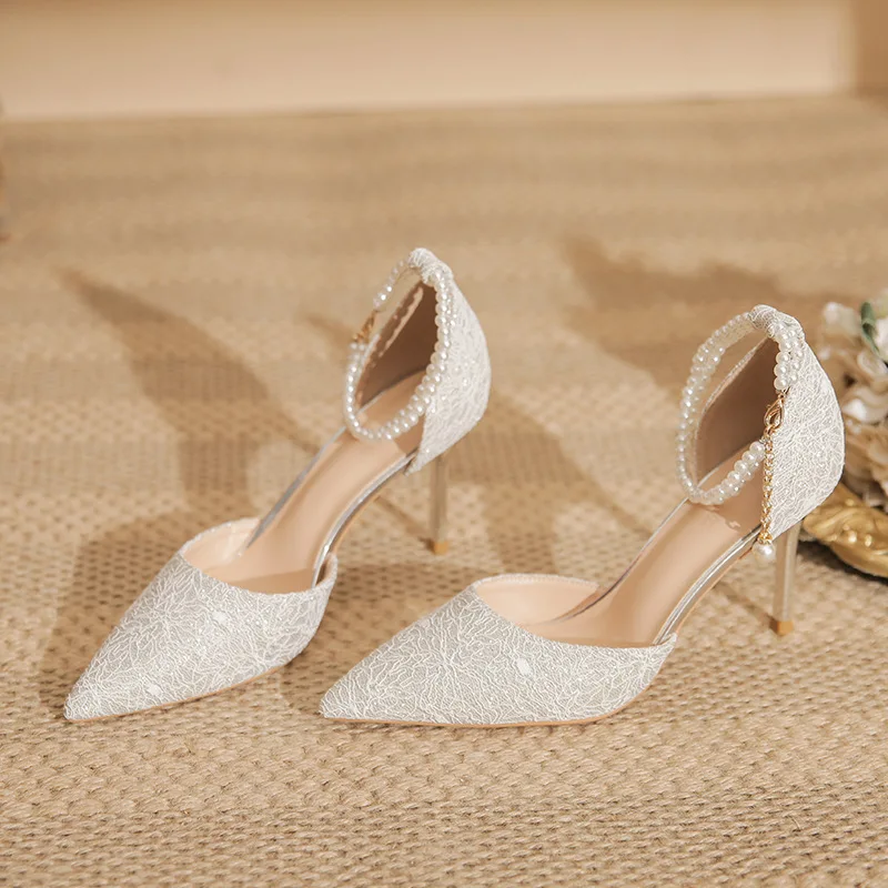 

8cm New Fashion Sandals Elegant High Heels Ankle Beaded Silver Ladies Dress Women Shoes 41 42 43