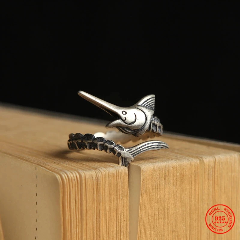 YIZIZAI 100% 925 Sterling Silver Adjustable Swordfish Rings The Old Man And Sea For Unisex Style Unique Jewelry Gift