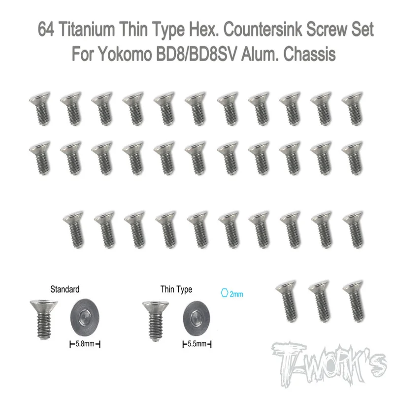 Original T works TSS-BD8-TC 64 Titanium Thin Type Hex. Countersink Screw Set ( For Yokomo BD8/BD8SV Alum. Chassis ) Rc part