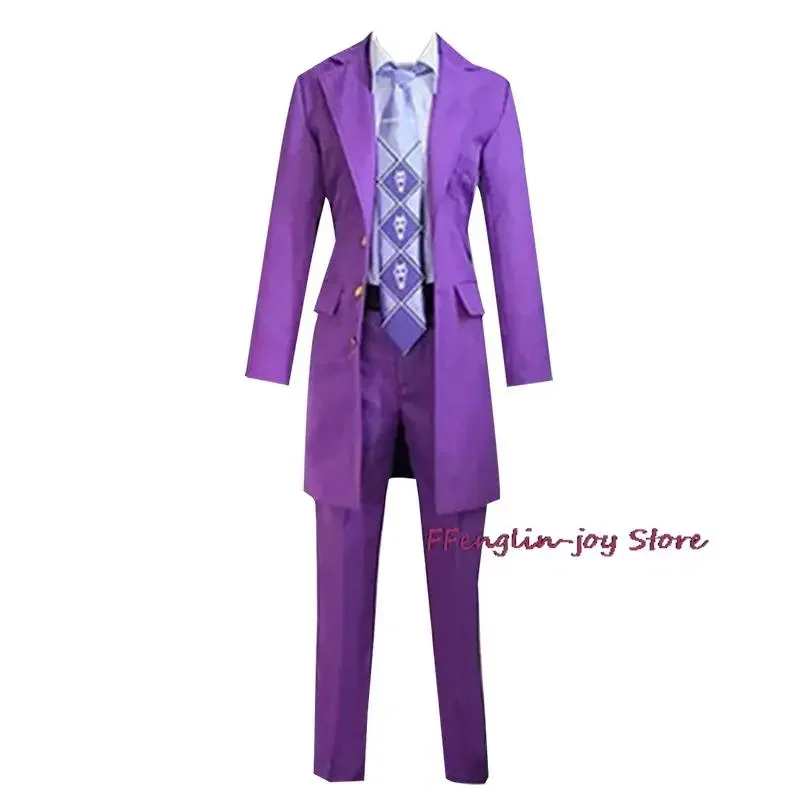 Anime traje kira yoshikage cosplay camisa roxa calças terno encaracolado peruca amarela trajes de festa de halloween perucas masculinas cosplay anime