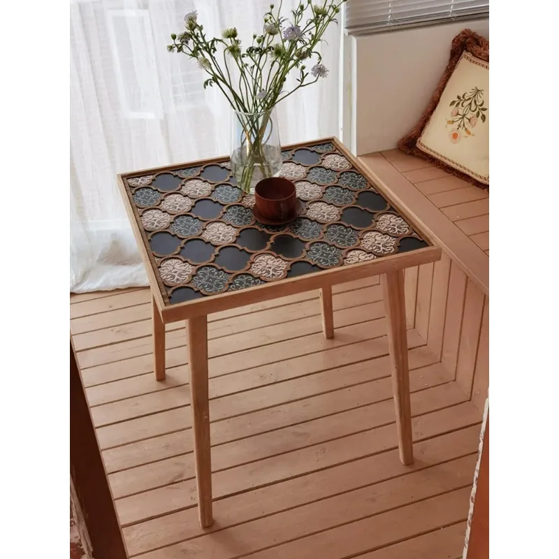 Retro Solid Wood Coffee Carved Dining Tablean Small Square Table