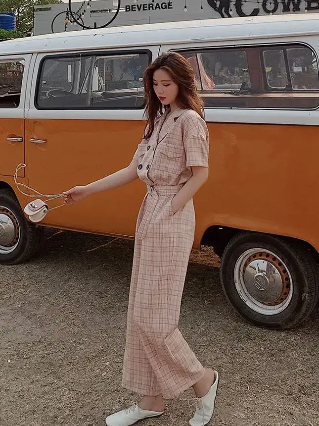 Korea Rompers Short Sleeves Trousers Women Collar Plaid Jumpsuit Full Length Work Office Lady 2024 New