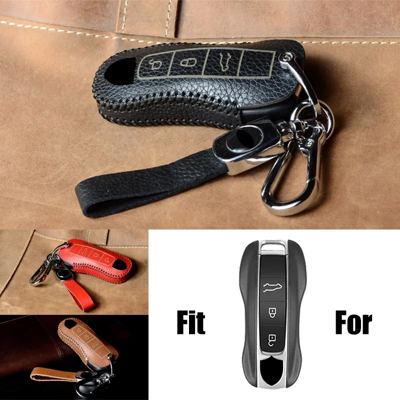 

Genuine Leather Car Remote Smart Key Fob Case Cover Holder Bag With Keychain For Porsche Cayenne Panamera Macan Taycan 911