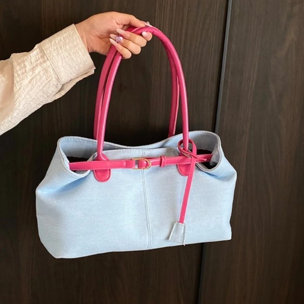 

Hasp Closure Denim Shoulder Bag Patchwork Color Large Capacity Vintage Armpit Bag Chic Elegant Casual Tote Bag Students