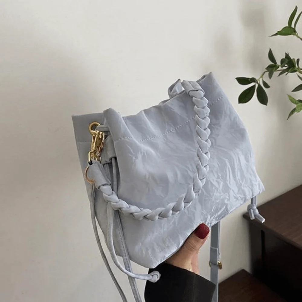 Fashion PU Drawstring Bucket Bag Textured Fabric Removable Strap Crossbody Bag Lightweight Adjustable Handbag Commuting
