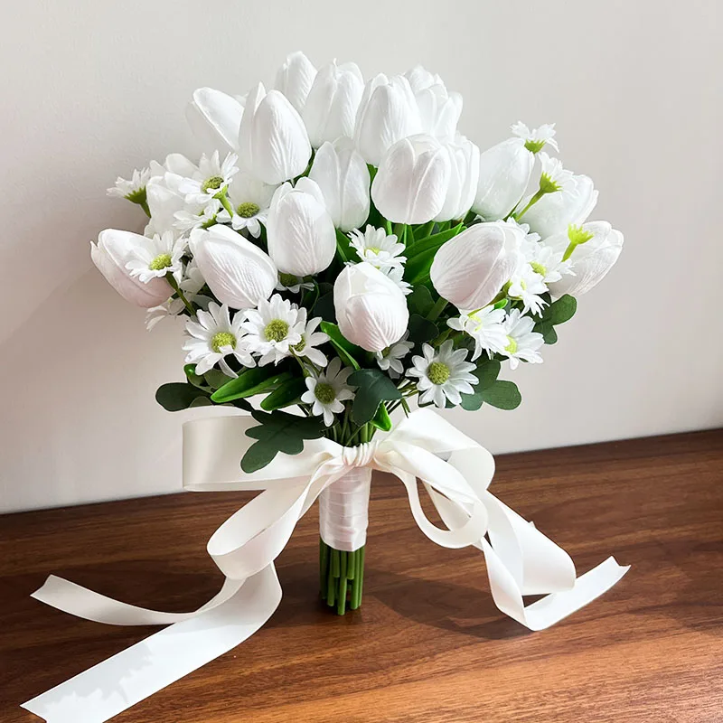 Bouquet da sposa bianco fiori da sposa accessori tulipani artificiale Real Touch Faux Bride mazzi centrotavola Party Table Decor