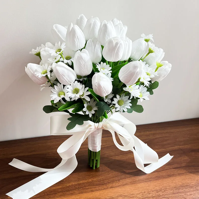 Artificial Branco Nupcial Bouquet, Flores Do Casamento Acessórios, Toque Real, Faux Bride Bouquets, Centerpieces, Decoração De Mesa De Festa, Tulipas