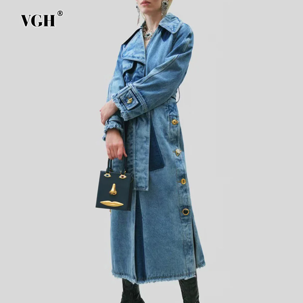 

VGH синий цвет модное джинсовое пальто для женщин с лацканами и длинными рукавами тонкая лоскутная ветровка на шнуровке темпераментная женская осень