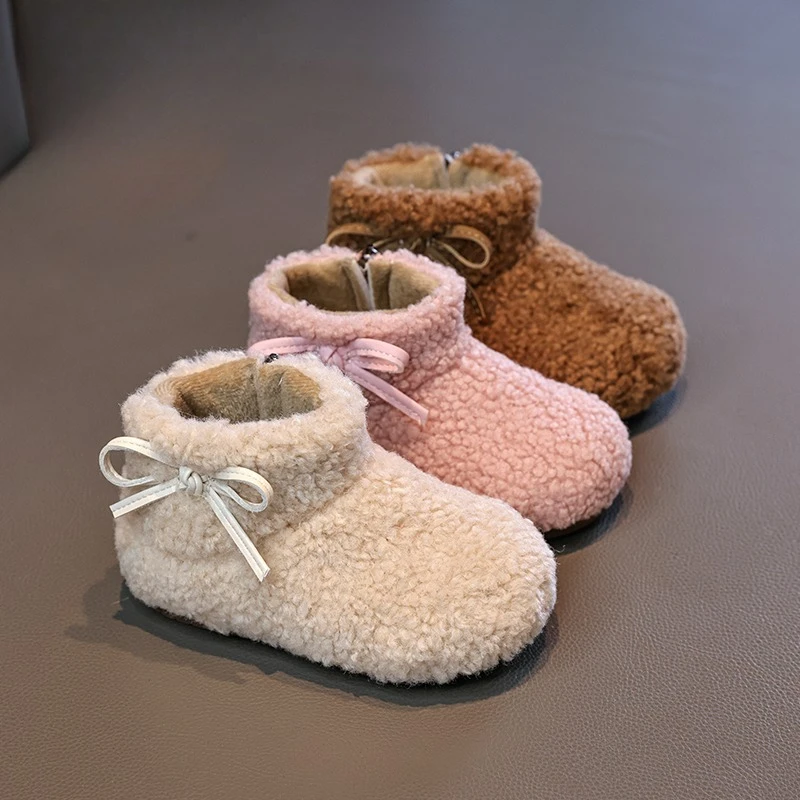 

Детские ботильоны для девочек, зимние милые детские модные плюшевые ботинки с бантом, уличные пушистые зимние сапоги принцессы для малышей