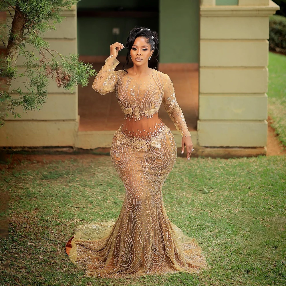

Aso Ebi Luxury Evening Dresses Mermaid Full Sleeves Beading Crystals O-Neck Party Dress Customized Formal Special Occasion Dress