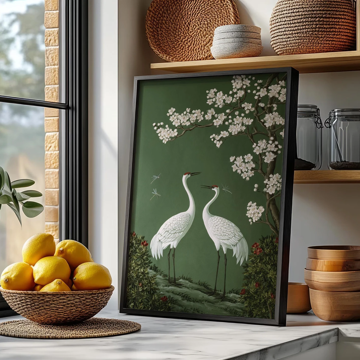 Oriental Chinoiserie Crane Floral Canvas Poster Set Vintage Dark Green Chinese Style Bird Wall Art for Living Room Bedroom Decor